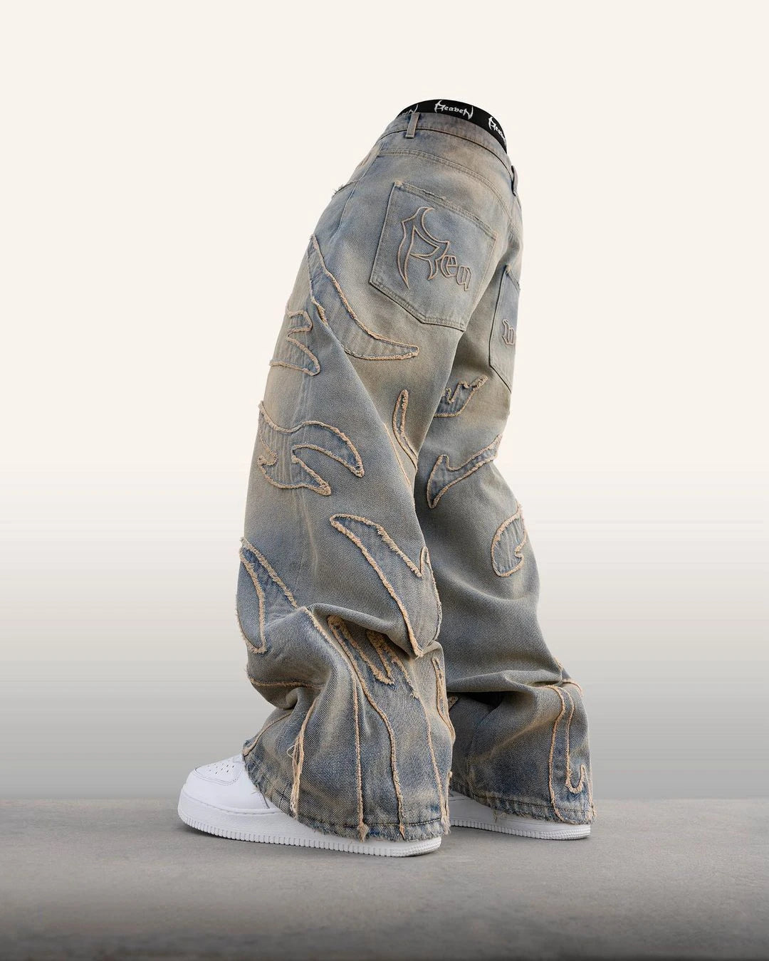 Retro Raw Edge Embroidery Baggy Jeans