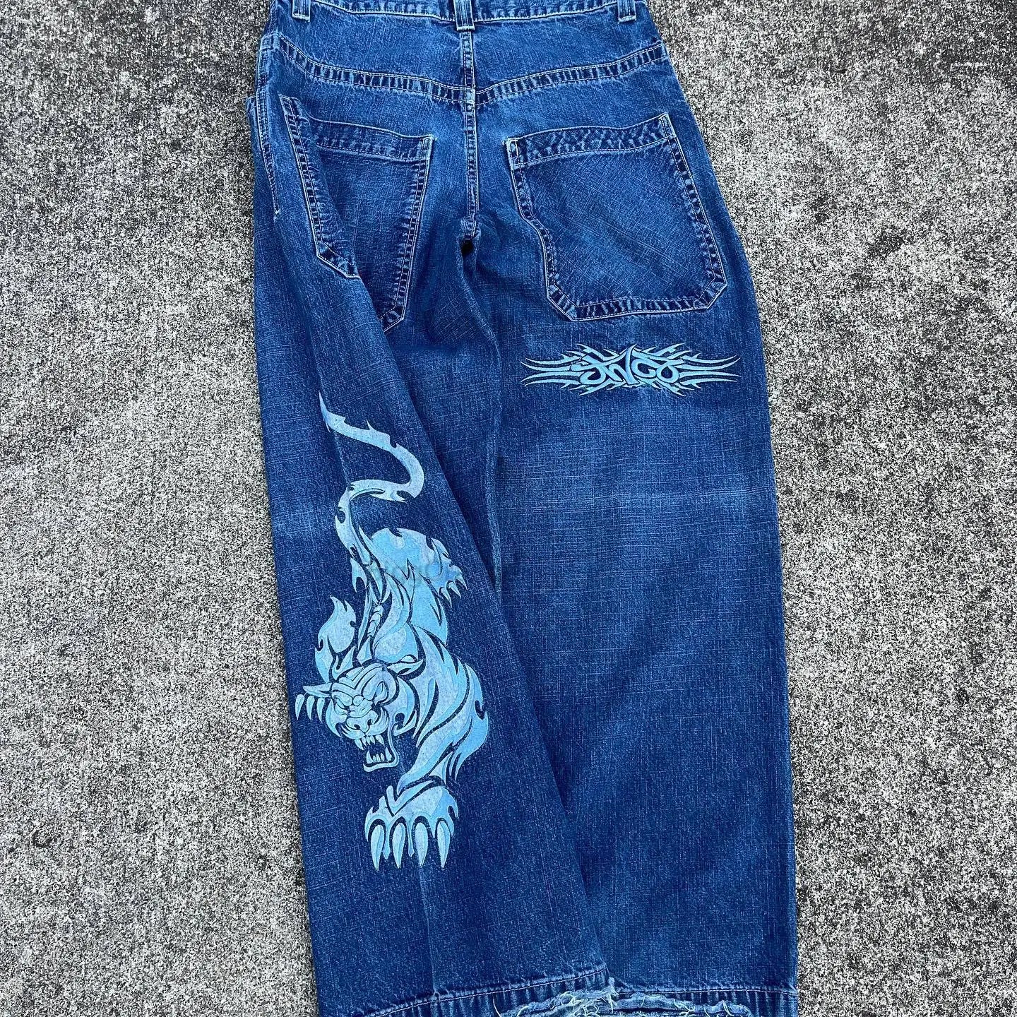 JNCO Jeans Y2K Harajuku Hip Hop Tiger Graphic Gothique Rétro Bleu Baggy Jeans Denim Pantalon Hommes Femmes Gothique Taille Haute Pantalon Large