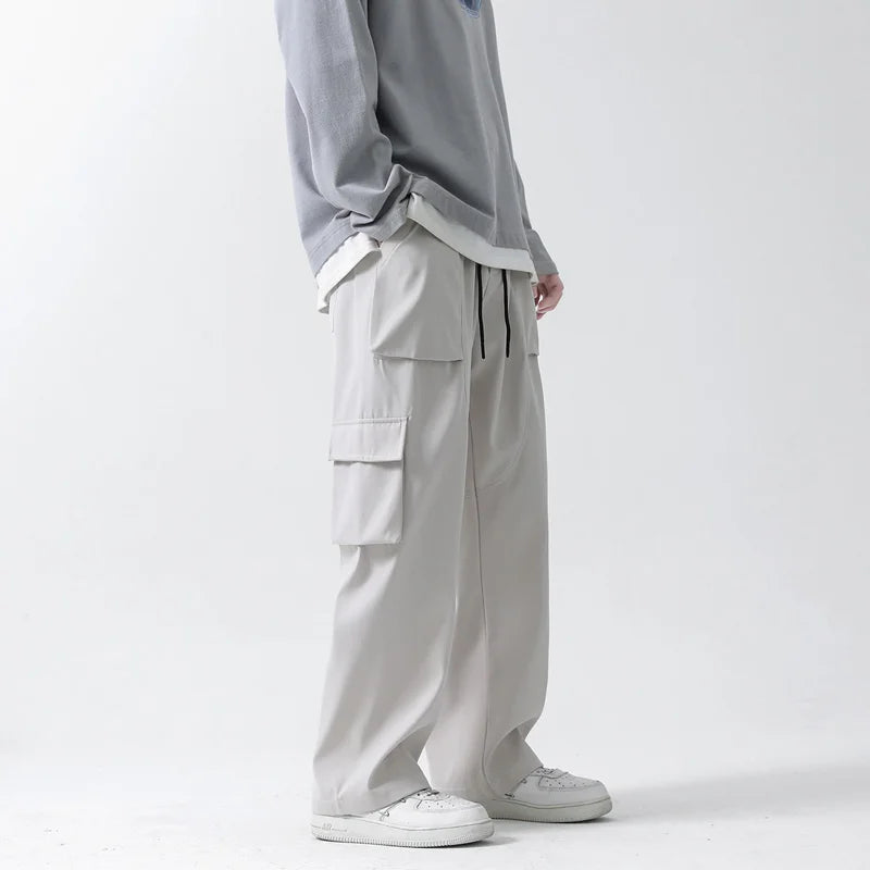 APPEARWAY été hommes Cargo pantalon coréen solide multi-poches pantalon droit mâle Hip Hop rue taille élastique pantalon ample
