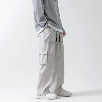 APPEARWAY été hommes Cargo pantalon coréen solide multi-poches pantalon droit mâle Hip Hop rue taille élastique pantalon ample