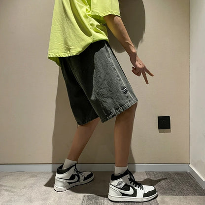 Short en Denim noir à jambes larges pour hommes, Style coréen, nouvelle mode décontractée, Baggy court, vêtements de marque masculine, été 2023