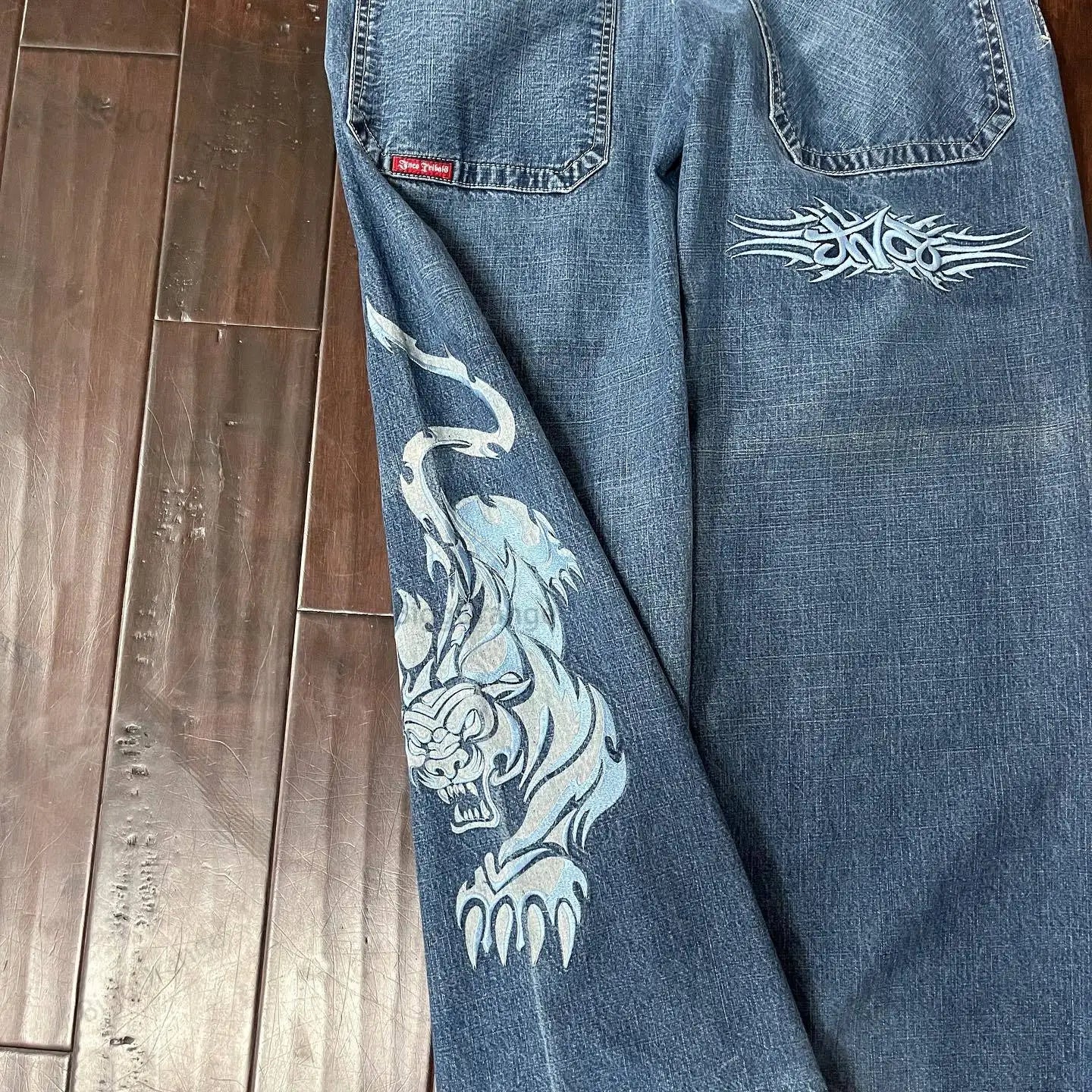 JNCO Jeans Y2K Harajuku Hip Hop Tiger Graphic Gothique Rétro Bleu Baggy Jeans Denim Pantalon Hommes Femmes Gothique Taille Haute Pantalon Large