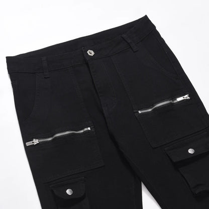 Jean Cargo avec poche zippée pour homme, pantalon en Denim, décontracté, à la mode, Slim, Streetwear, noir, coupe d'automne, Y2k